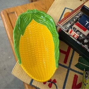 Vintage Ceramic Hand Painted Corn On The Cob Yellow & Green Serving Bowl Dish